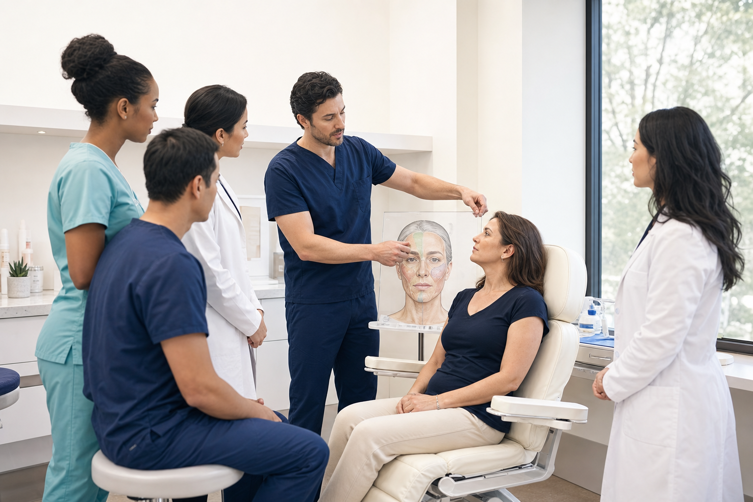 Physician teaching facial anatomy during supervised aesthetic medicine training