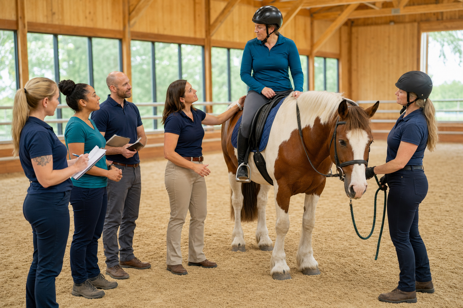 Rehabilitation professionals learning hippotherapy with a calm horse and trained handler