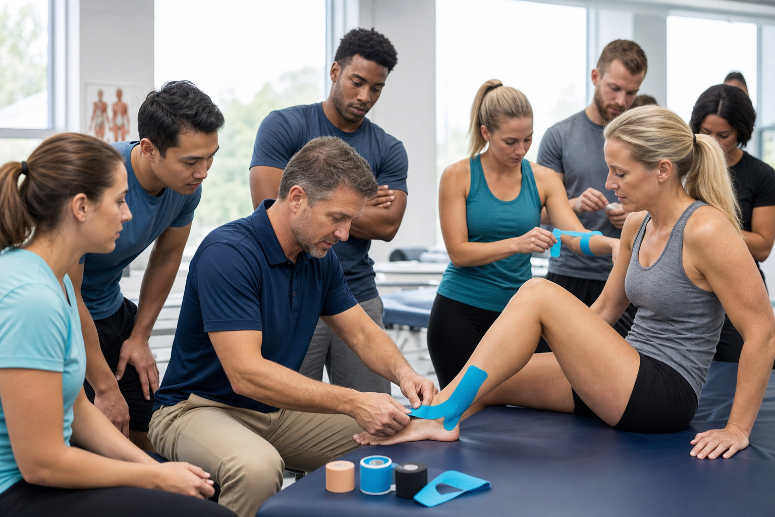 Instructor demonstrating ankle taping during a sports taping practical workshop