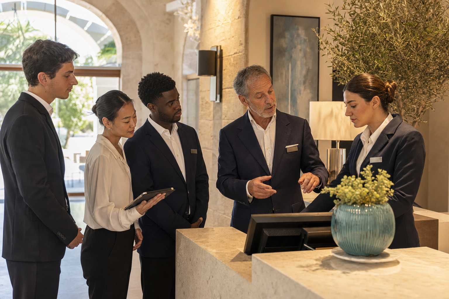 Hospitality mentor coaching interns at a hotel reception